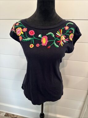 Talbots Navy Floral Embroidered Cap-Sleeve Top